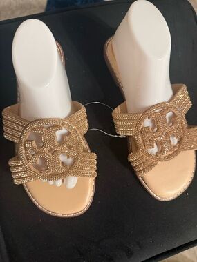Gold Beaded Slide Sandals with Decorative Logo Medallion